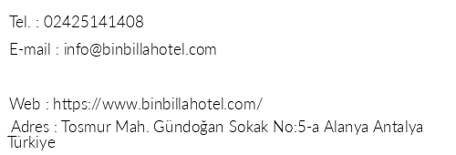 Binbilla Hotel telefon numaralar, faks, e-mail, posta adresi ve iletiim bilgileri